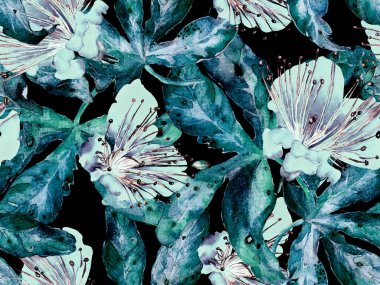 Kalın Çiçek deseni. Yeşil, Mavi Arkaplanda Büyük Hawaii Kusursuz Parmak izi. Büyük Egzotik Bahar Kova Tutkusu Meyvesi Sonsuz Arkaplan. Kalın Çiçek Tasarımı.