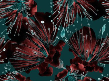 Cesur Çiçek Tasarımı. Yeşil ve Kızıl Arkaplanda Büyük Egzotik Kusursuz Parmak izi. Büyük Hawaii Yaz Sulu Tutku Meyvesi Sonsuz Arkaplan. Sanatsal Kalın Çiçek Tasarımı.