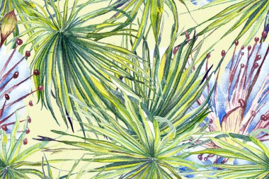 Palmiye yapraklarının eğlenceli dokusu. Etnik Aloha İlişkisi. Egzotik Bikini Özgeçmişi. Turkuaz Yeşil Suluboya Yatay Tropik Tasarım. Palm Geometric Mayo desenli. Tropikal Kusursuz Desen.