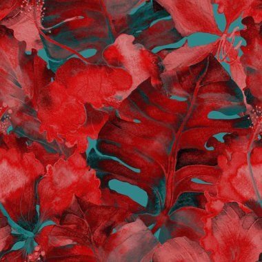 Tropikal desen. Suluboya egzotik çiçekler ve canavar yaprakları. Palm ve Hibiscus ormanları pürüzsüz. Yaz Hawaii suluboya geçmişi. Avuç içleri, canavarlar, mayo izleri..