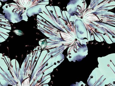 Bold Floral Print. Siyah ve Beyaz Arkaplanda Büyük Egzotik Kusursuz Parmak izi. Büyük Hawaii Baharı Maracuya Sonsuz Arkaplanı. Moda Kalın Çiçek Yazdırma.