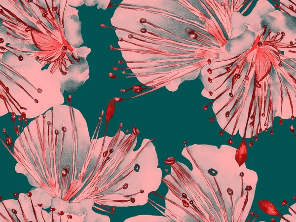 Bold Floral Print. Yeşil ve Kırmızı Arkaplanda Büyük Egzotik Kusursuz Parmak izi. Büyük Hawaii Baharı Sulu Tutku Meyvesi Sonsuz Arkaplan. Moda Kalın Çiçek Yazdırma.