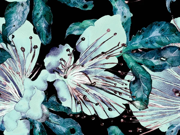 Kalın Çiçek deseni. Yeşil, Mavi Arkaplanda Büyük Hawaii Kusursuz Parmak izi. Büyük Hawaii Bahar Suyu Granadilla Sonsuz Arkaplan. Modern Kalın Çiçek Deseni.