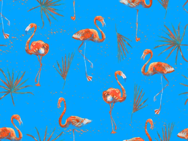 Large hipster flamingo blue hawaiian seamless pattern. Spring saturated watercolor t-shirt print. Saturated hipster swimwear tile with wild feathered fowls. Horizontal tile with flamingos.