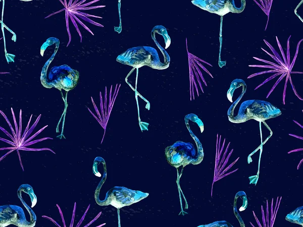 Large hipster flamingo blue hawaiian seamless pattern. Summer tropical birds watercolor endless print.  Minimalistic geometric swimwear background with wild fowls. Watercolour horizontal tile.