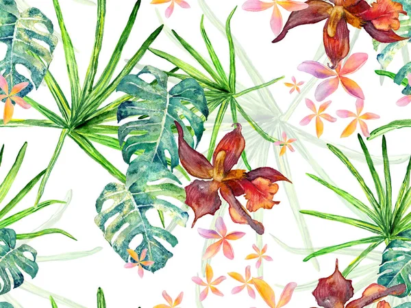 Swimwear Print with Orchids, Palm Leaves. Watercolor Floral Background. Tropical Summer Print. Exotic Hawaiian Design. Thailand Upholstery Texture. Orchid Seamless Pattern. Green and Red