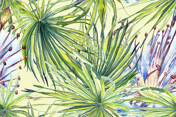 Palmiye yapraklarının eğlenceli dokusu. Etnik Aloha İlişkisi. Egzotik Bikini Özgeçmişi. Turkuaz Yeşil Suluboya Yatay Tropik Tasarım. Palm Geometric Mayo desenli. Tropikal Kusursuz Desen.