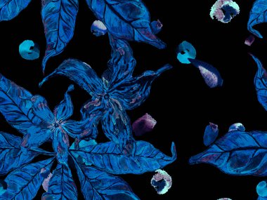 Biyo Jasmin Kusursuz Şablon. Canlı Sakura ve Jasmine Print. Suluboya Turuncu Çiçek ve Yapraklar. Çiçek Ayurveda deseni. Klasik Mavi ve Indigo Yaz Vintage Arkaplanı.