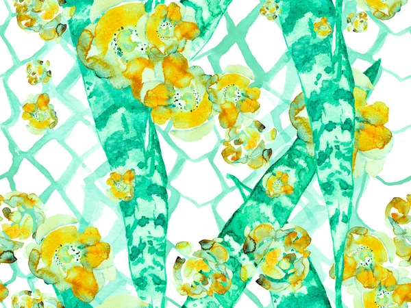 水彩花 牡丹和叶子无缝图案 复古的Peonie生态报告 夏之花背景 绿色和Teal异国泳衣设计 植物学植物图解 — 图库照片