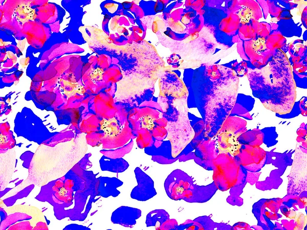 水彩バラ 葉のシームレスなパターン 夏の花の背景 ヴィンテージ牡丹エコレポート エキゾチックな水着デザイン 青と藍の植物花イラスト — ストック写真