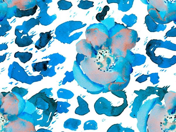 水彩花 牡丹和叶子无缝图案 蓝色和英迪戈葡萄酒Peonie生态报告 植物学植物图解 异国泳衣设计 夏光背景 — 图库照片