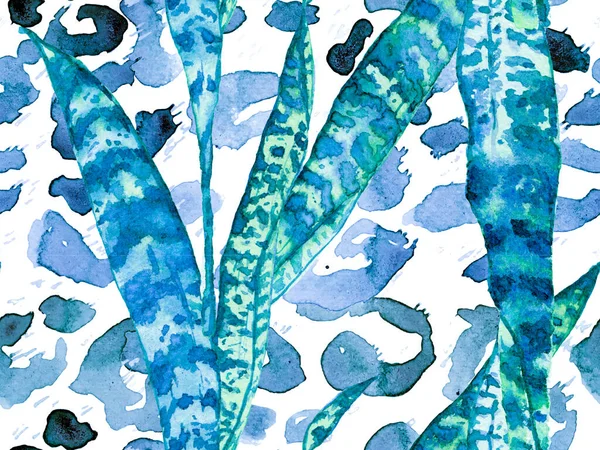 Akvarell Rózsák Bazsarózsa Levelek Zökkenőmentes Minta Summer Blossom Háttér Kék — Stock Fotó