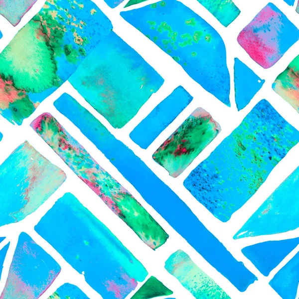 自由手水彩线 70年代的彩色立方体图解 有趣的几何 包豪斯无缝图案 水彩画潮流艺术 非洲地理笔划 蓝色靛蓝和潮水绿色有机背景 — 图库照片