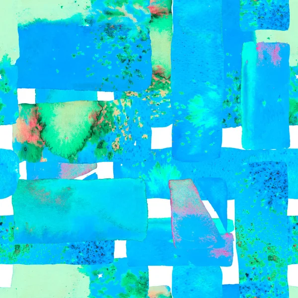 蓝色的靛蓝和滴水绿色的乐趣几何 水彩画潮流艺术 非洲地理笔划 自由手水彩线 70年代的彩色立方体图解 包豪斯无缝图案 有机背景 — 图库照片