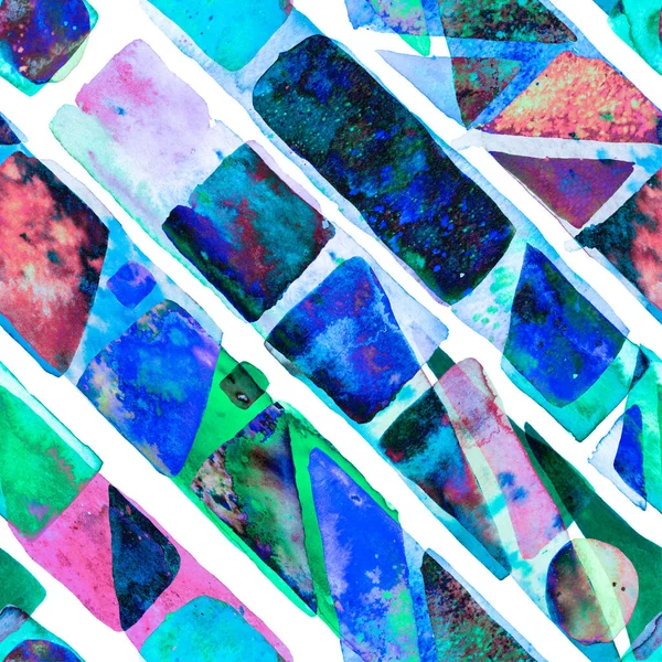 ブルーインディゴとティードウォーターグリーンバウハウスシームレスなパターン 有機的背景 楽しい幾何学 水彩トレンディアート アフリカ ブラシストローク フリーハンド水彩ライン 70年代カラーキュビズムイラスト — ストック写真