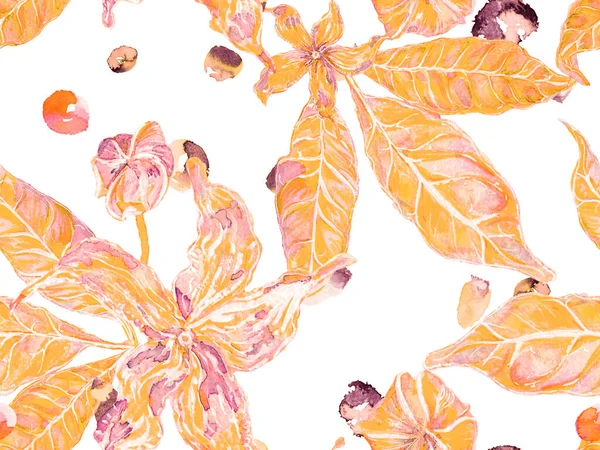 Floral Ayurveda Pattern Vibrant Sakura Jasmine Print Watercolor Citrus Orange — Stock Photo, Image