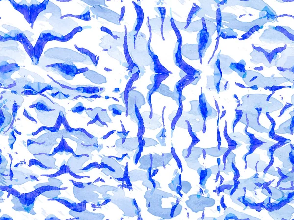 非洲模式 条纹无缝图案 几何动物纹理 经典的蓝色和蓝色斑马皮印 动物伪装背景 水彩画迷彩设计 Safari Tile — 图库照片