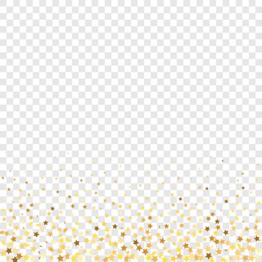 Şeffaf Arkaplan 'da Star Sequin Konfeti. Hediye kartı şablonu. Noel Partisi Çerçevesi. Vektör Altın Parıltısı. Yere Düşen Parçacıklar. İzole edilmiş bir doğum günü kartı. Altın Yıldızlar Bayrağı.