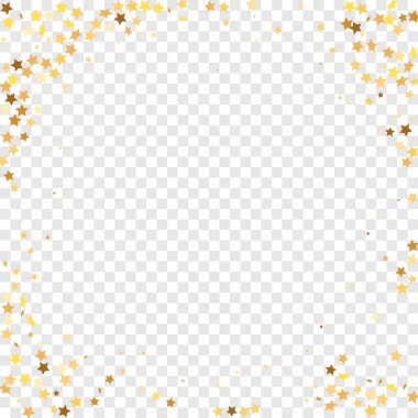 Şeffaf Arkaplan 'da Star Sequin Konfeti. Vektör Altın Parıltısı. Yere Düşen Parçacıklar. İzole edilmiş bir doğum günü kartı. Golden Stars Banner 'da. Noel Partisi Çerçevesi. Fiş Hediye Kartı Şablonu.