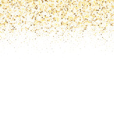 Beyaz Arkaplanda Star Sequin Konfeti. İzole edilmiş bir doğum günü kartı. Golden Stars Banner 'da. Vektör Altın Parıltısı. Yere Düşen Parçacıklar. Noel Partisi Çerçevesi. Fiş Hediye Kartı Şablonu.