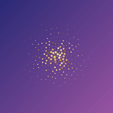 Neon Purple Arkaplan 'da Star Sequin Konfeti. Vektör Altın Parıltısı. Yere Düşen Parçacıklar. İzole edilmiş bir doğum günü kartı. Golden Stars Banner 'da. Hediye kartı şablonu. Noel Partisi Çerçevesi.