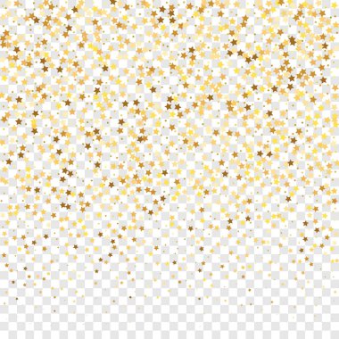 Şeffaf Arkaplan 'da Star Sequin Konfeti. Hediye kartı şablonu. Vektör Altın Parıltısı. Yere Düşen Parçacıklar. İzole edilmiş bir doğum günü kartı. Golden Stars Banner 'da. Noel Partisi Çerçevesi.