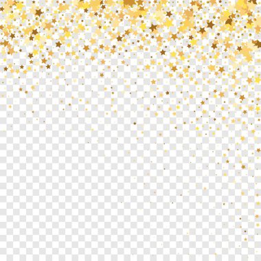 Şeffaf Arkaplan 'da Star Sequin Konfeti. Noel Partisi Çerçevesi. Vektör Altın Parıltısı. Yere Düşen Parçacıklar. Hediye kartı şablonu. İzole edilmiş bir doğum günü kartı. Altın Yıldızlar Bayrağı.