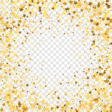 Şeffaf Arkaplan 'da Star Sequin Konfeti. Vektör Altın Parıltısı. Yere Düşen Parçacıklar. Noel Partisi Çerçevesi. İzole edilmiş bir doğum günü kartı. Golden Stars Banner 'da. Fiş Hediye Kartı Şablonu.