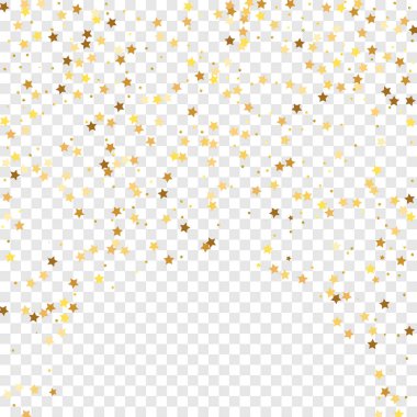 Şeffaf Arkaplan 'da Star Sequin Konfeti. Hediye kartı şablonu. Noel Partisi Çerçevesi. Vektör Altın Parıltısı. Yere Düşen Parçacıklar. İzole edilmiş bir doğum günü kartı. Altın Yıldızlar Bayrağı.