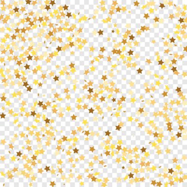 Şeffaf Arkaplan 'da Star Sequin Konfeti. Hediye kartı şablonu. Vektör Altın Parıltısı. Yere Düşen Parçacıklar. Noel Partisi Çerçevesi. İzole edilmiş bir doğum günü kartı. Altın Yıldızlar Bayrağı.