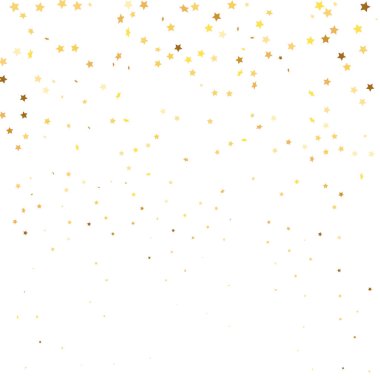 Beyaz Arkaplanda Star Sequin Konfeti. Hediye kartı şablonu. Vektör Altın Parıltısı. Yere Düşen Parçacıklar. Noel Partisi Çerçevesi. İzole edilmiş bir doğum günü kartı. Altın Yıldızlar Bayrağı.