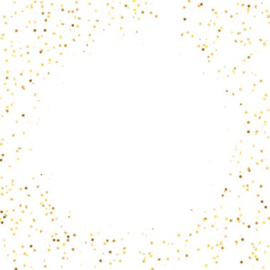 Beyaz Arkaplanda Star Sequin Konfeti. Noel Partisi Çerçevesi. Hediye kartı şablonu. Vektör Altın Parıltısı. Yere Düşen Parçacıklar. İzole edilmiş bir doğum günü kartı. Altın Yıldızlar Bayrağı.