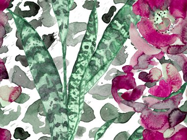 Suluboya Güller, Şakayık ve Yapraksız Kalıp. Yeşil ve Gri Vintage Peonie Eco Rapport. Egzotik Mayo Tasarımı. Yaz Çiçeği Arkaplanı. Botanik Çiçek İllüstrasyonu.