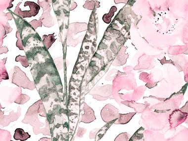 Suluboya Güller, Şakayık ve Yapraksız Kalıp. Yeşil ve Gri Vintage Peonie Eco Rapport. Egzotik Mayo Tasarımı. Botanik Çiçek İllüstrasyonu. Yaz Çiçeği Arkaplanı.