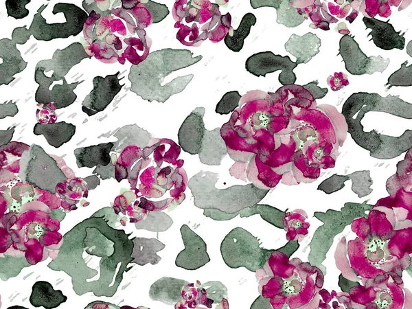 Watercolor Roses Peony Leaves Seamless Pattern Ботанічна Ілюстрація Флоріан Vintage — стокове фото