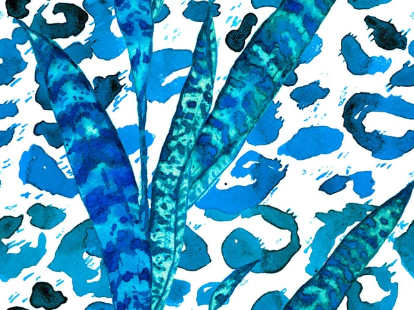 水彩花 牡丹和叶子无缝图案 异国泳衣设计 夏之花背景 蓝色和深蓝色植物图解 复古的Peonie生态报告 — 图库照片