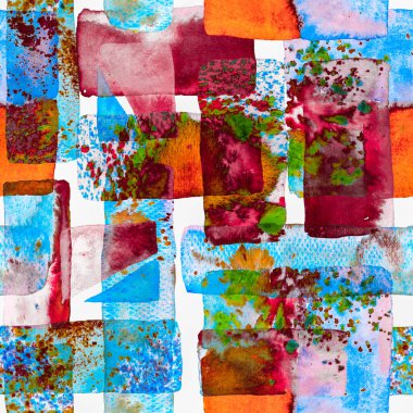 Suluboya Moda Sanatı. Afrika Geo Fırça darbesi. Organik arka plan. Eğlenceli Geometri. Freehand Suluboya Hatları. 70 'lerin Renkli Kübizm İllüstrasyonu. Mavi ve Kırmızı Bauhaus Kusursuz Desen.