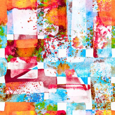 Eğlenceli Geometri. Mavi ve Kırmızı suluboya moda sanat. Afrika Geo Fırça darbesi. Freehand Suluboya Hatları. 70 'lerin Renkli Kübizm İllüstrasyonu. Bauhaus Kusursuz Düzen. Organik Arkaplan.