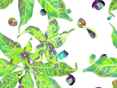 Yaz Vintage Arkaplanı. Biyo Jasmin Kusursuz Şablon. Suluboya Turuncu Çiçek ve Yapraklar. Canlı Sakura ve Jasmine Print. Çiçek Ayurveda deseni. Yeşil ve Su Mentonu