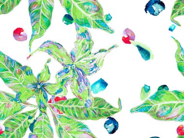 Canlı Sakura ve Jasmine Print. Çiçek Ayurveda deseni. Green ve Aqua Menthe Yaz Vintage Arkaplanı. Biyo Jasmin Kusursuz Şablon. Suluboya Turuncu Çiçek ve Yapraklar.