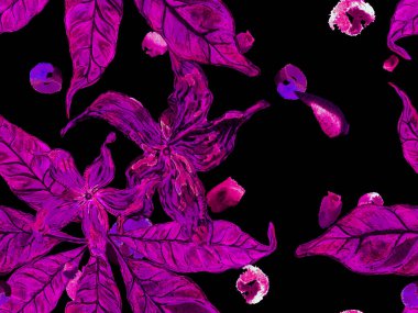 Canlı Sakura ve Jasmine Print. Çiçek Ayurveda deseni. Proton Mor Yaz Vintage Arkaplanı. Biyo Jasmin Kusursuz Şablon. Suluboya Turuncu Çiçek ve Yapraklar.