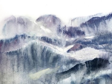 Eğlenceli Himalayalar. Suluboya Kore baskısı. Şekillendirilmiş Japon Suluboya Dağları. Dağ Çizimi. Çağdaş Geometrik Çizim. Asya Yürüyüşü Rocky arka planı. Monokrom ve Gri Pul