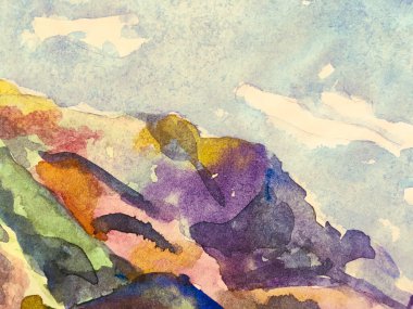 Asya Yürüyüşü Rocky arka planı. Eğlenceli Himalayalar. Suluboya Kore baskısı. Çağdaş Geometrik Çizim. Dağ Çizimi. Şekillendirilmiş Japon Suluboya Dağları. Mavi İndigo ve Magenta Mor