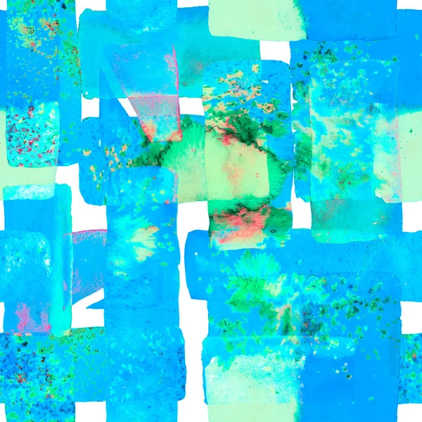 自由手水彩线 70年代的彩色立方体图解 蓝色的靛蓝和潮水绿色的包豪斯无缝线图案 有机背景 水彩画潮流艺术 非洲地理笔划 有趣的几何 — 图库照片