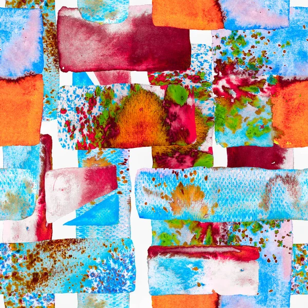 自由手水彩线 70年代的彩色立方体图解 水彩画潮流艺术 非洲地理笔划 蓝色和红色的乐趣几何 有机背景 包豪斯无缝图案 — 图库照片