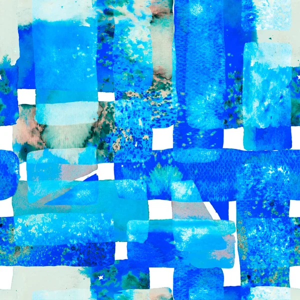 自由手水彩线 70年代的彩色立方体图解 有趣的几何 水彩画潮流艺术 非洲地理笔划 包豪斯无缝图案 有机背景 蓝色和蓝色 — 图库照片