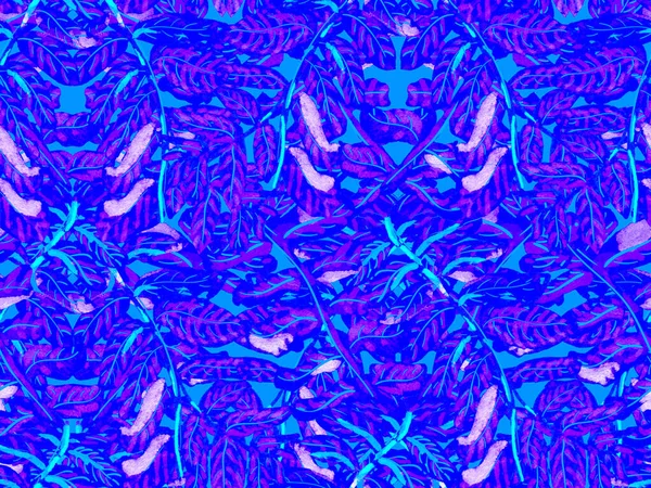 シンプルなトロピカルクリーンシームレスパターン ブルーとインディゴナイーブのドードルジャングルデザイン エキゾチックな水着の葉の背景 手描きハワイの森イラスト Print — ストック写真