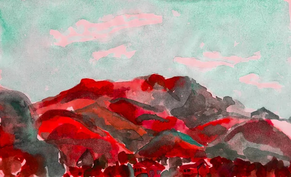 Samtida Geometrisk Skiss Crimson Red Mountain Illustration Stiliserade Japanska Akvarellberg — Stockfoto