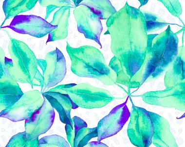 Schefflera Arboricola Kusursuz Düzen. Green ve Teal Botanik Suluboya Yazdırma. Evergreen Variegated Walisongo Bitkisi ve Egzotik Çiçekler. Schefflera Aktinophylla Hayata Tekrarlanan Süs