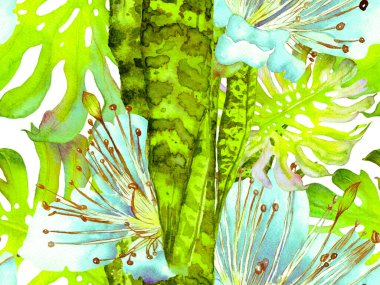 Klasik Eko Uyum. Yaz Çiçeği Arkaplanı. Botanik Ormanı Çizimi. Egzotik Mayo Tasarımı. Hawaii Kova Parmak izi. Altın sarısı suluboya Tertemiz desen bırakır.